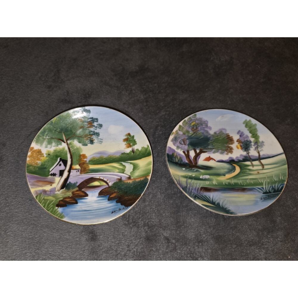 Pair Vintage UCAGCO China Hand Painted Japan Landscape Wall Plates Gold Trim